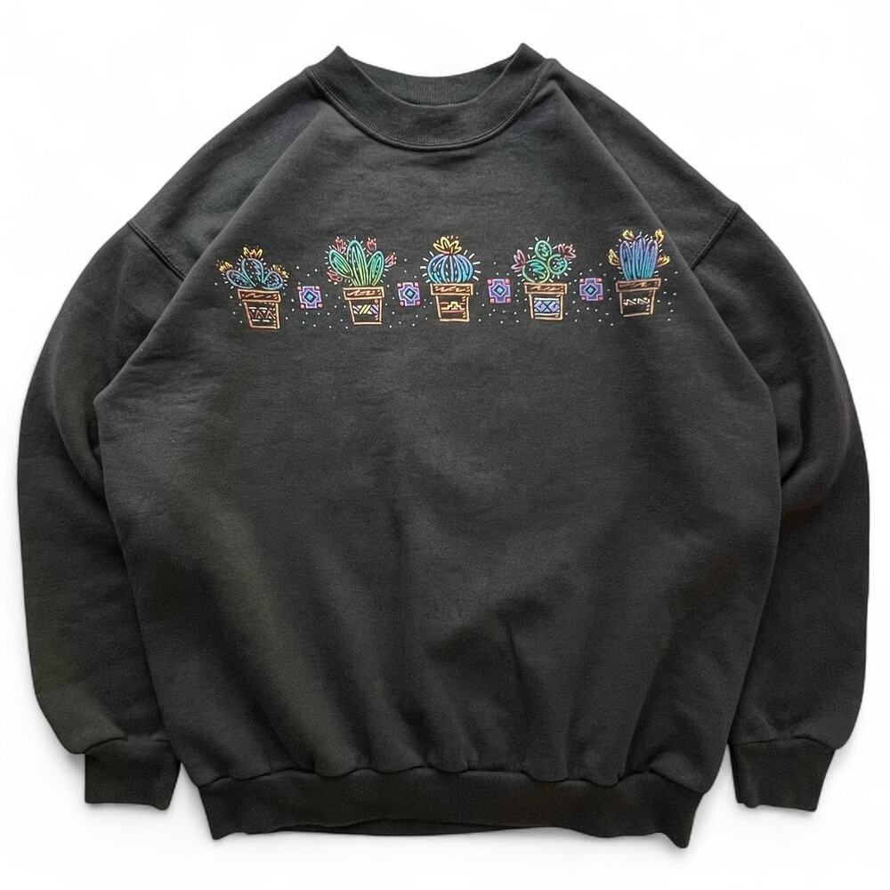 Vintage Cactus Succulent Plant Pot Aztec Southwestern Granny Crewneck Sweatshirt